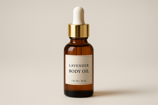 create a 1 ounce bottle of lavender body oil in an amber bottle with a gold and white dropper top. label it lavender body oil
