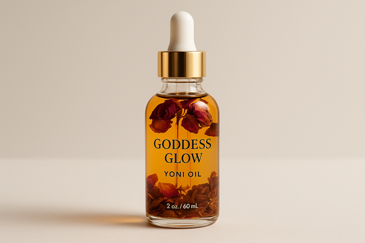 Create a 2 oz clear bottle of Goddess Glow Yoni Oil. There should be dried roses and botanicals in the bottle and the dropper top should be gold and white