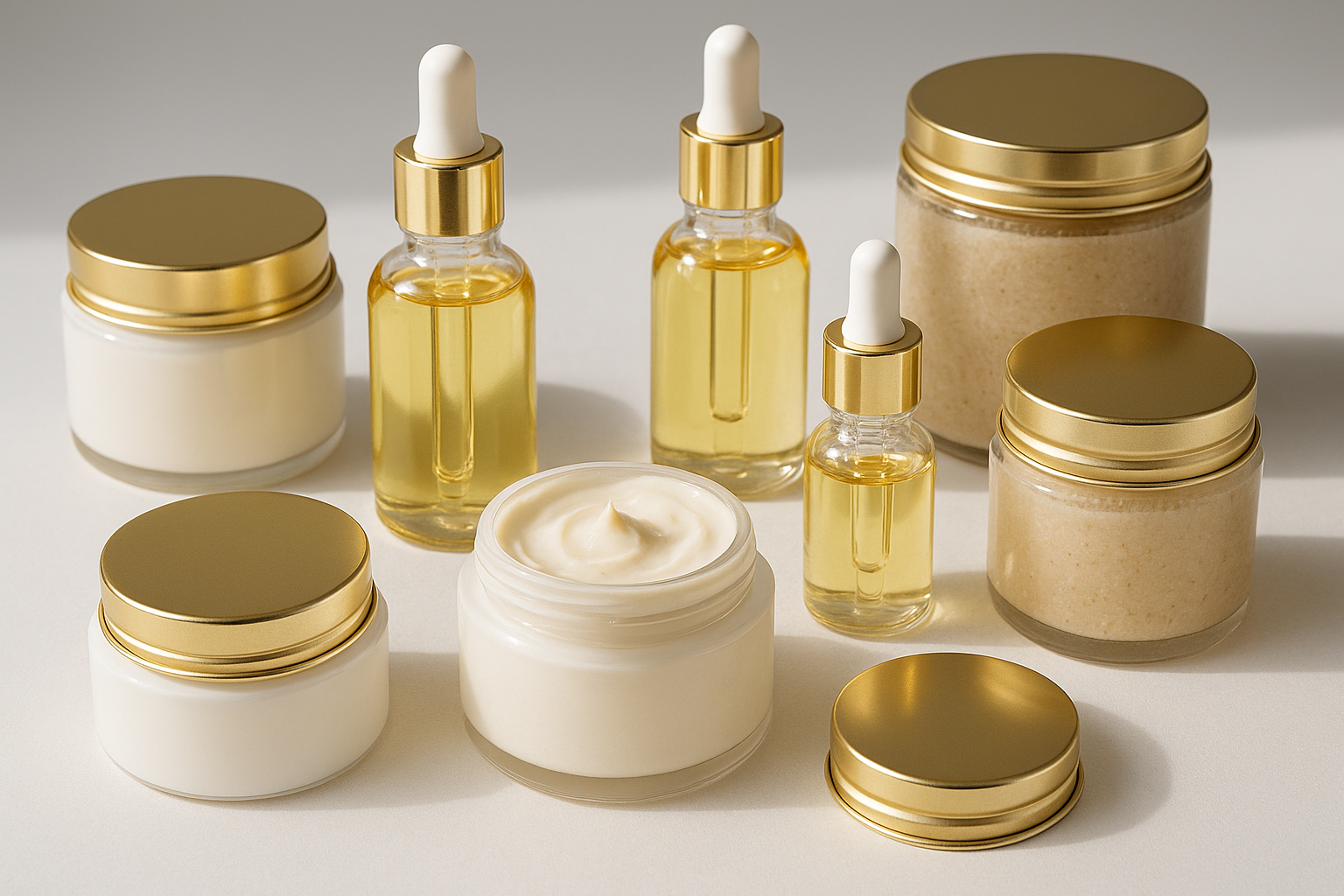 Create a collection of body and skincare products including body butters, hair and body oils in dropper bottles with gold and white tops, body scrubs. Add no labels but make the tops of some of the packaging gold