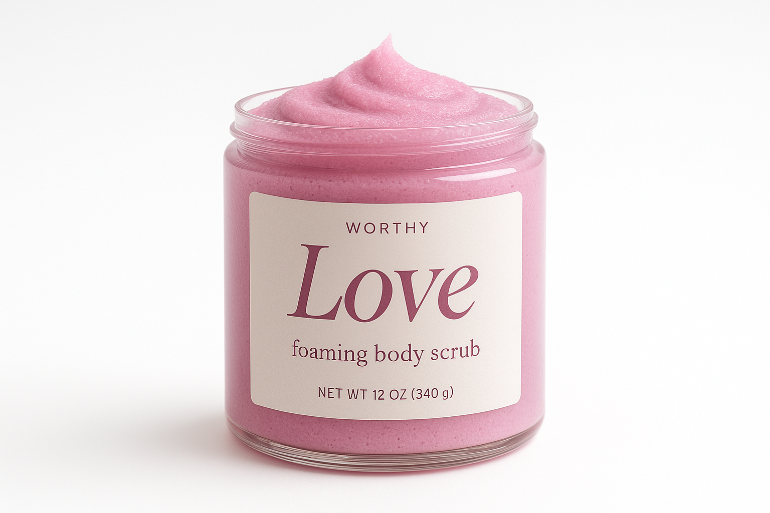create a creamy pastel fuschia colored sugar body scrub in a 12oz jar with a white top. The label should say "Love" and underneath in smaller size letters it should say "foaming body scrub" also add the name "Worthy" to the top of the label