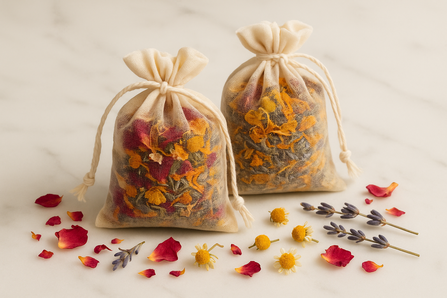 Create a set of 2 tea bags with whole natural botanicals for a yoni steam